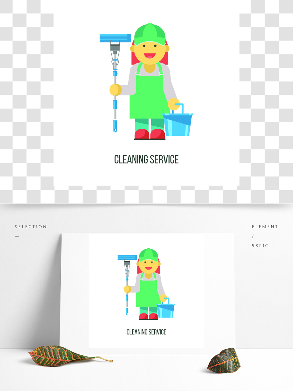 清潔服務平面矢量圖專業(yè)清潔場所有拖把和桶的清潔女工在手中